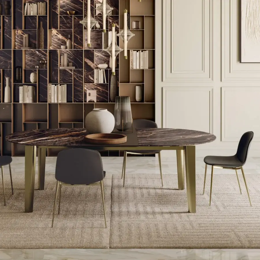 Exclusive Bontempi Etro table with dark veined tabletop and gold-colored metallic legs crafted in Italy