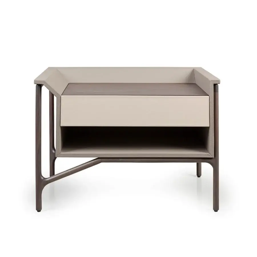 Superior Turri Vine nightstand with light beige leather cladding and medium brown wood grain construction