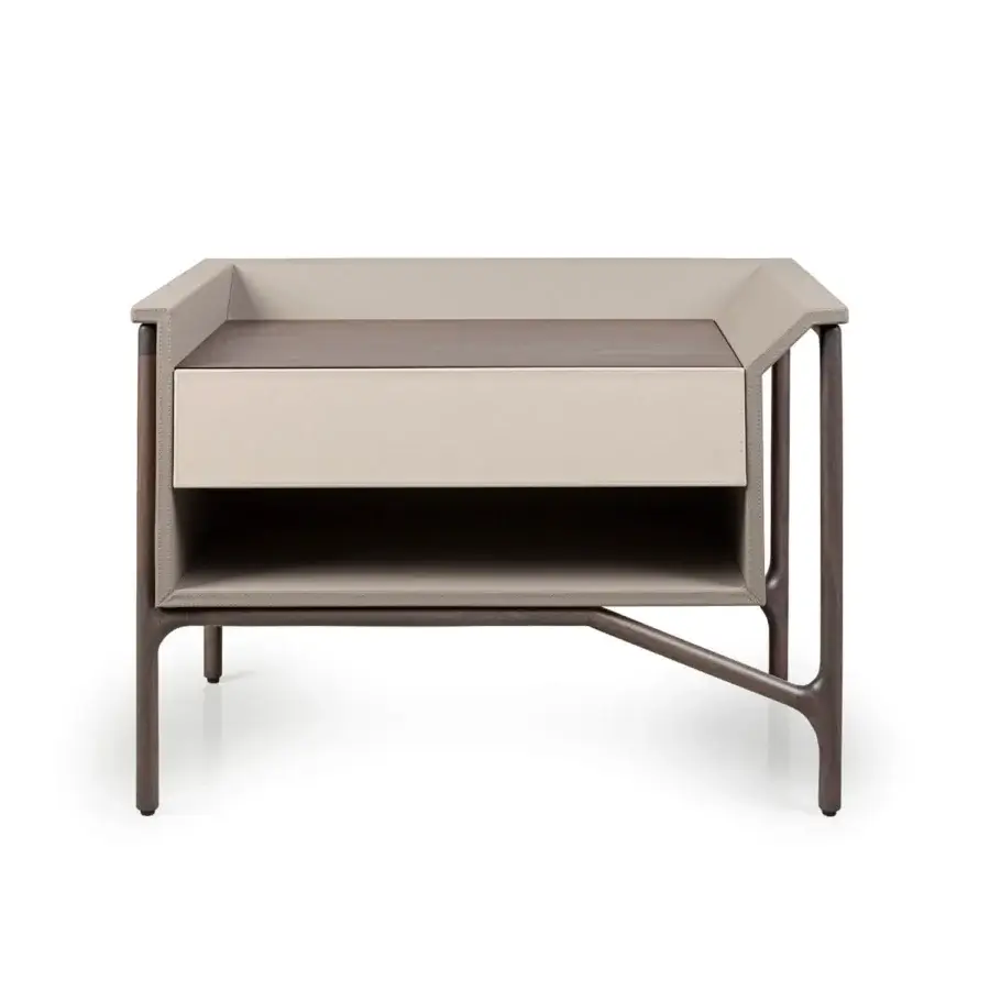 Elegant Turri Vine nightstand clad in light beige leather with a smooth finish and dark brown matte wood construction crafted in Italy