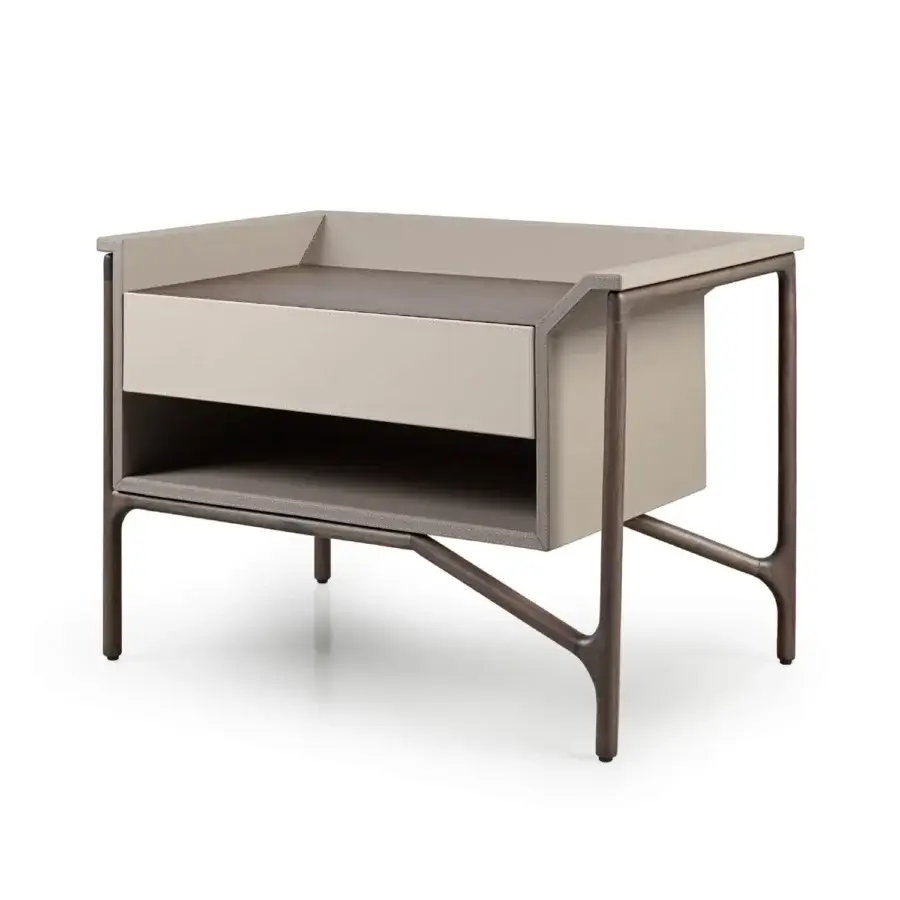 Distinguished Turri Vine nightstand crafted in smooth beige leather and wood with a matte finish, including one drawer and an open shelf