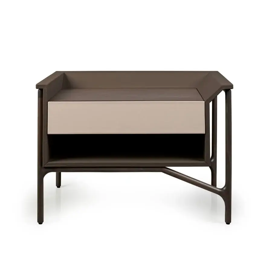 Exceptional Turri Vine nightstand built in light beige leather and dark wood with a raised border and open shelf