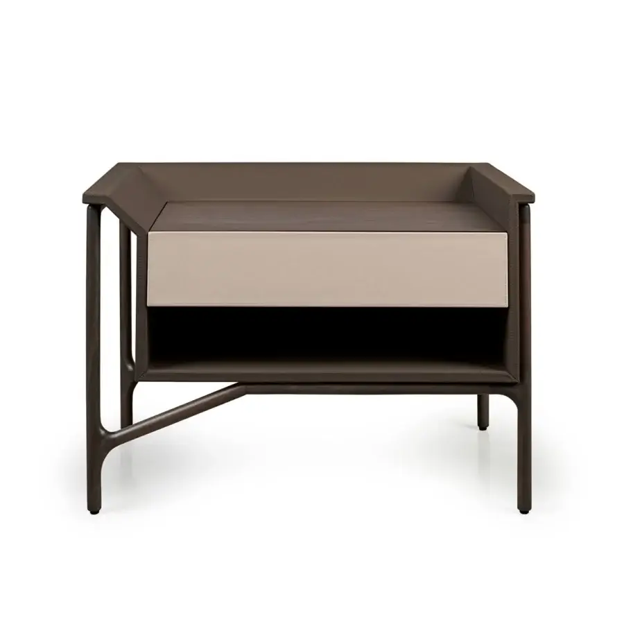 Superior Turri Vine nightstand built in rich brown leather and beige with a wood top and open section
