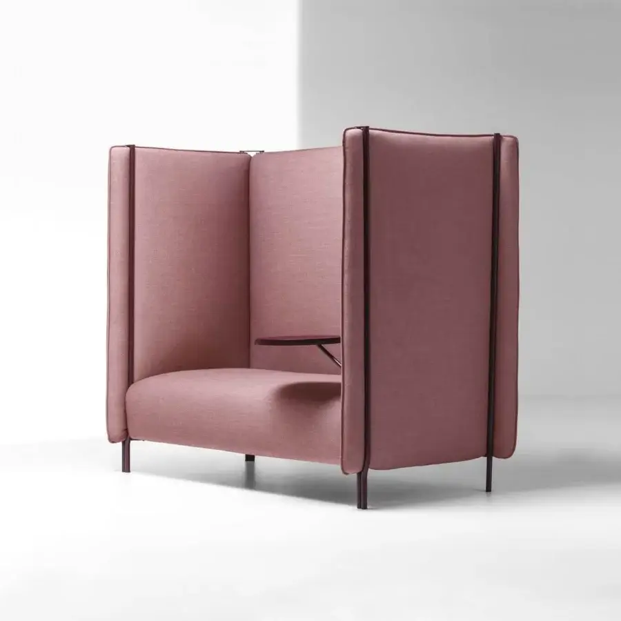 Exceptional LaCividina Pinch sofa with rose tubular metal frames and matte rose fabric upholstery built with an integrated side table