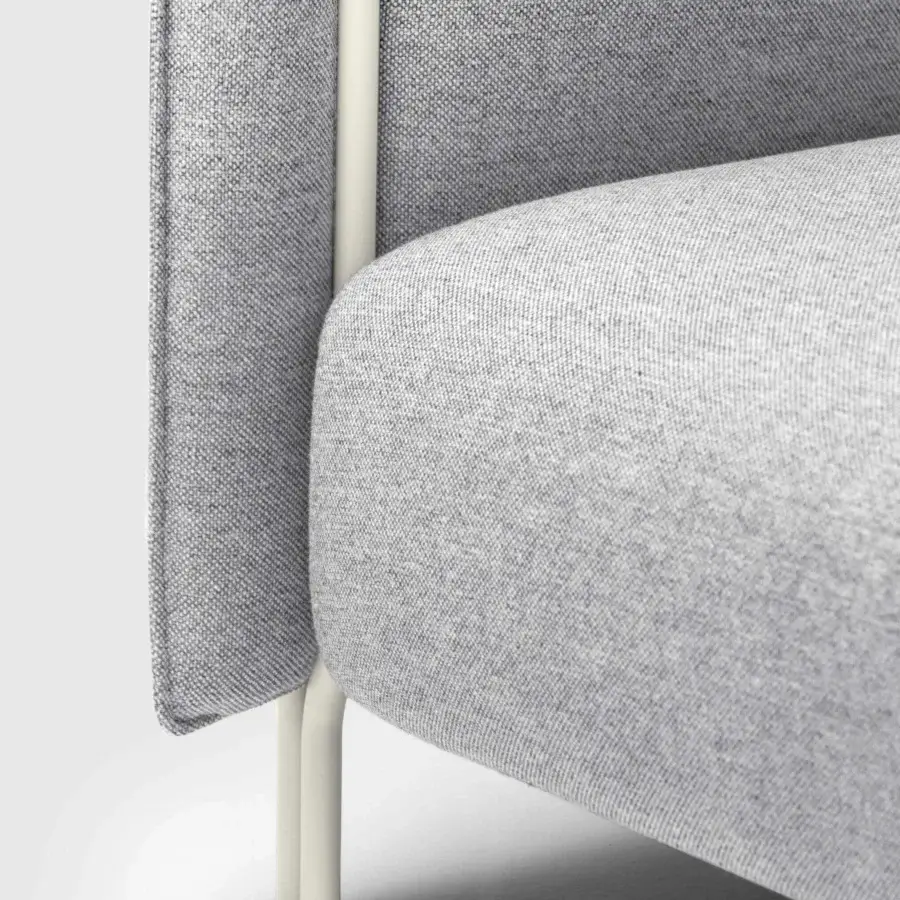 Superior LaCividina Pinch sofa with light gray woven textile upholstery and slender tubular metal frames