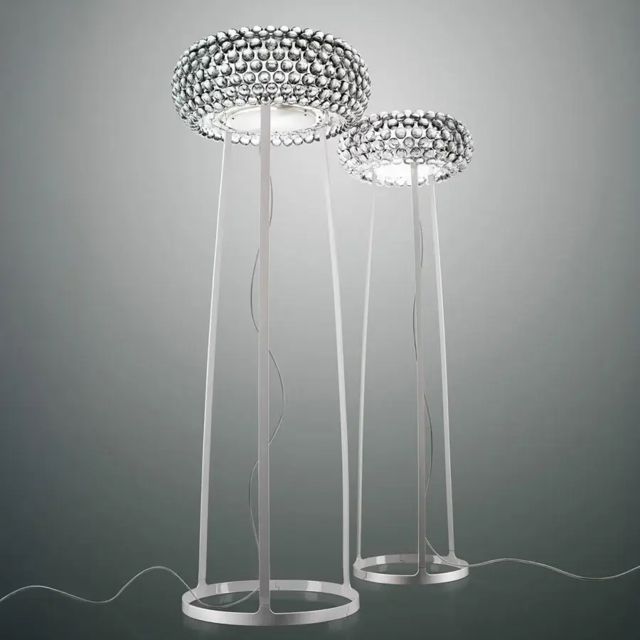 Distinguished Foscarini Caboche Plus floor lamp with PMMA spheres affixed to transparent PC arches and a powder coated steel frame