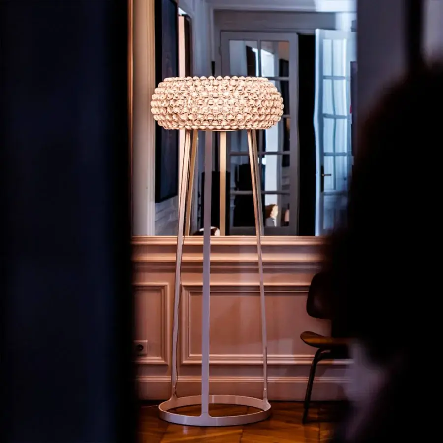 Superior Foscarini Caboche Plus floor lamp with transparent PMMA spheres and powder-coated steel body crafted in Italy