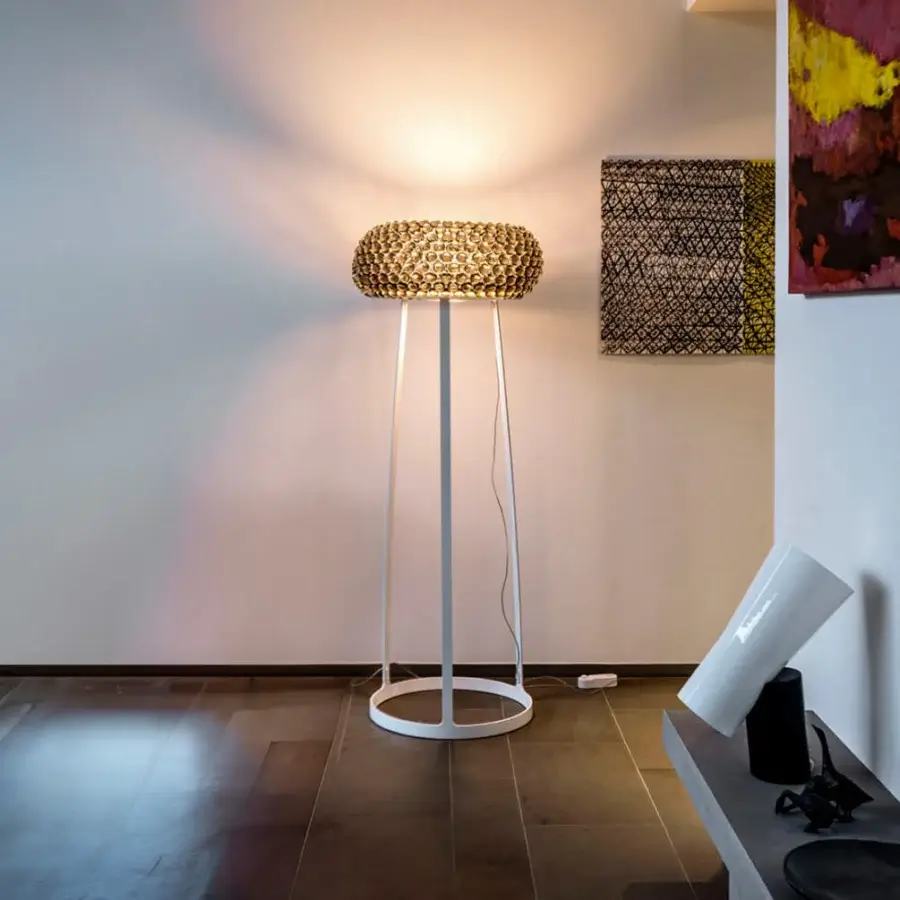 Captivating Foscarini Caboche Plus floor lamp with transparent PMMA spheres and a powder-coated aluminum frame built with a die-cast aluminum base