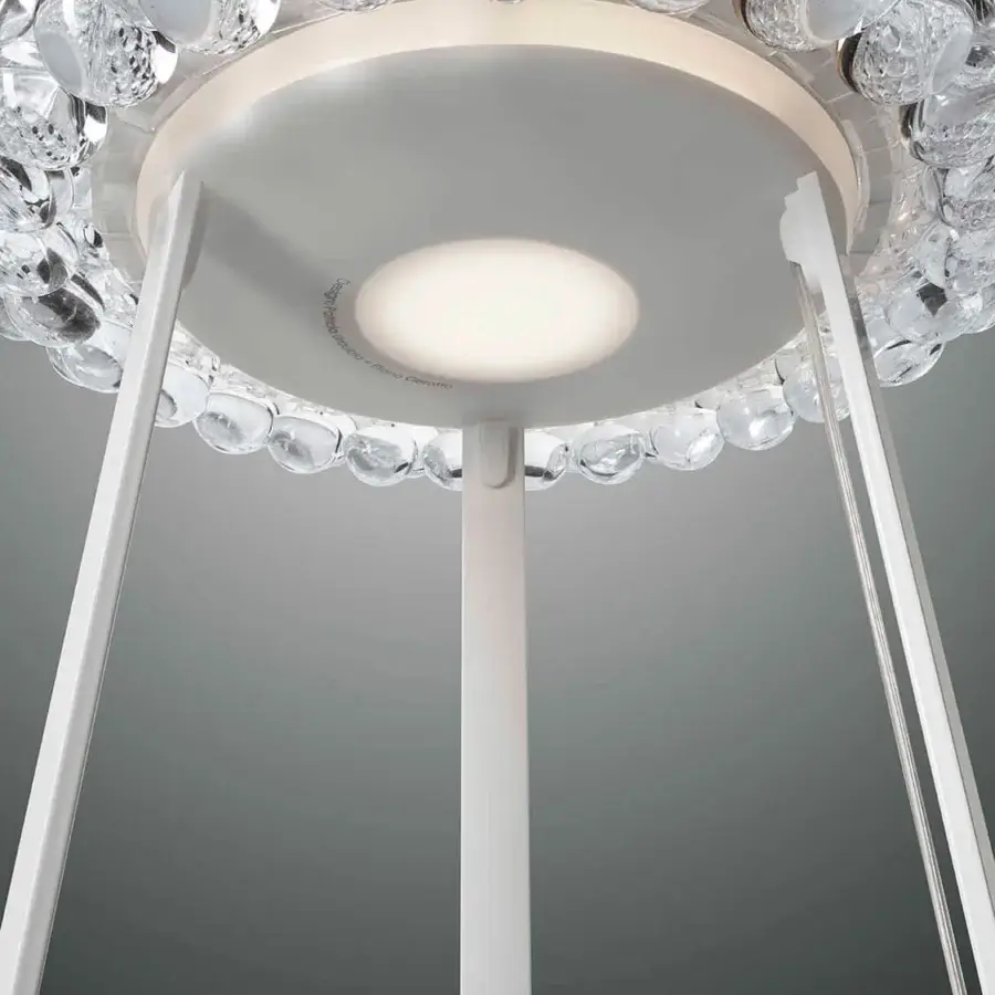 Distinguished Foscarini Caboche Plus floor lamp with a spherical cluster of transparent PMMA orbs and epoxy powder coated aluminum construction