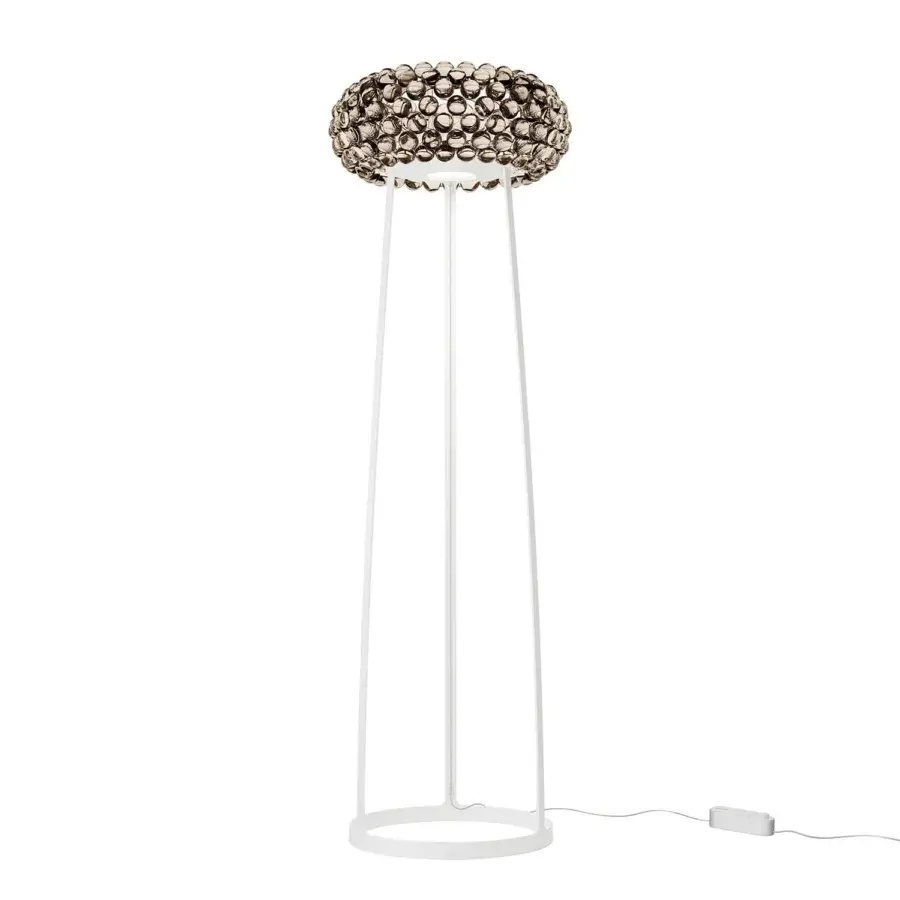 Superior Foscarini Caboche Plus floor lamp with a distinctive spherical lampshade in glossy brown and grey PMMA spheres with white powder coated steel legs