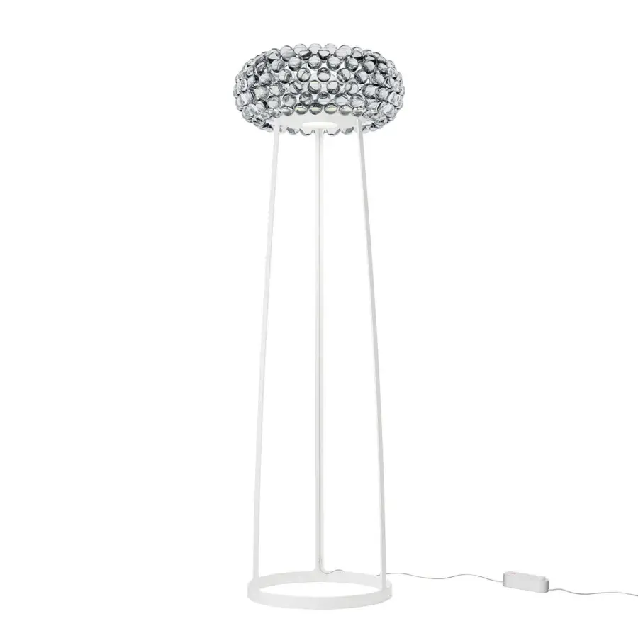 Elegant Foscarini Caboche Plus floor lamp with a spherical lampshade crafted in transparent PMMA spheres and powder-coated steel