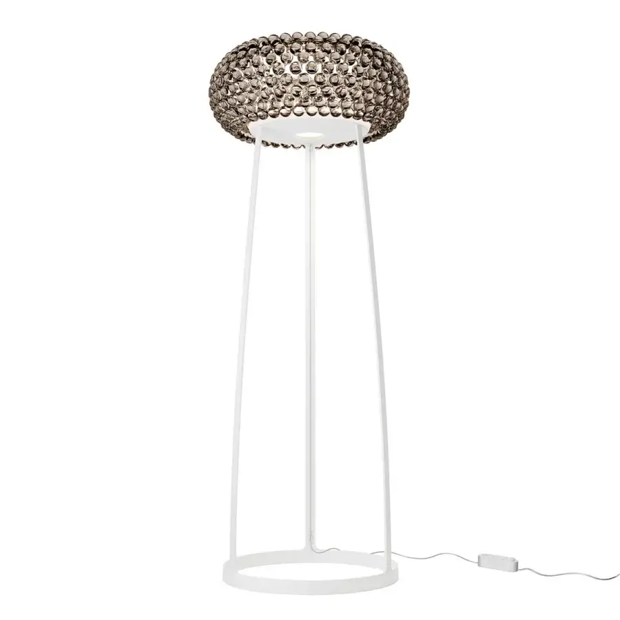 Distinguished Foscarini Caboche Plus floor lamp with a bronze-tinted PMMA sphere shade built with aluminum rods and a die-cast base