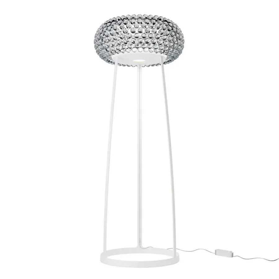Superior Foscarini Caboche Plus floor lamp with a bubbly transparent PMMA sphere diffuser and glossy white epoxy coated aluminum support