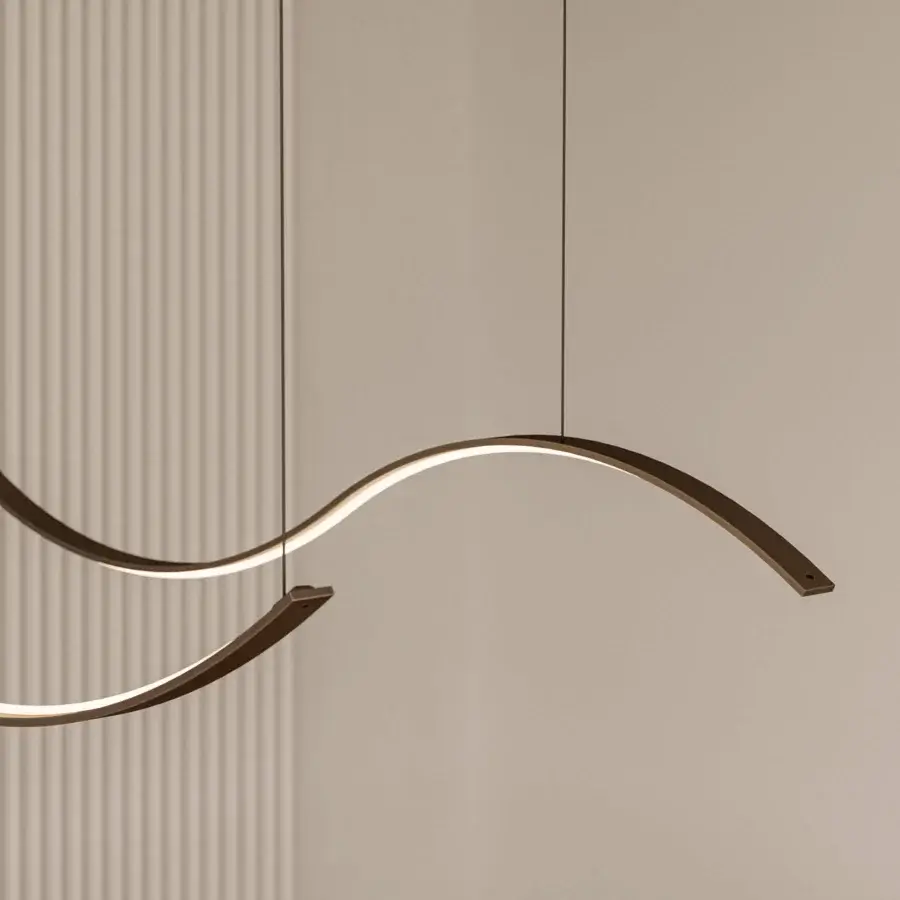 Elegant Bontempi Infinity suspension lamp with sinuous curves in bronze-like metal and integrated lighting