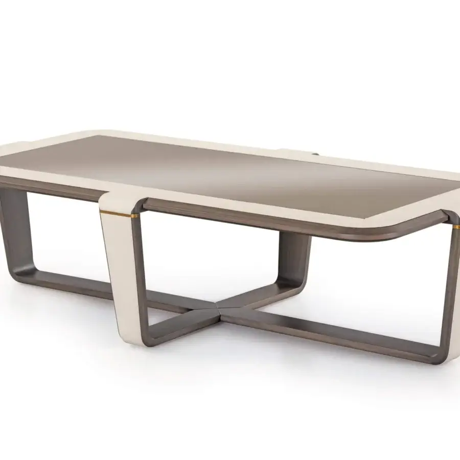 Exceptional Turri Vine coffee table with a dark brown wood top, intersecting base and brushed gold accents in a refined matte finish