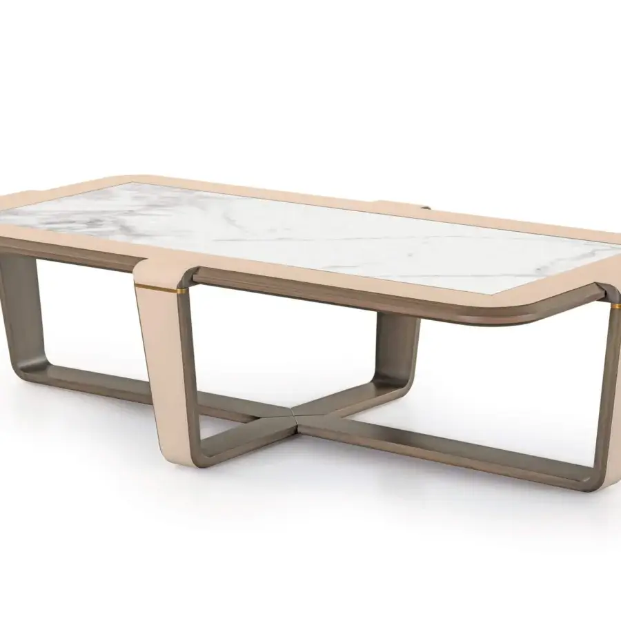 Superior Turri Vine coffee table with white marble-like top and light beige frame crafted with brushed gold details and leather inserts