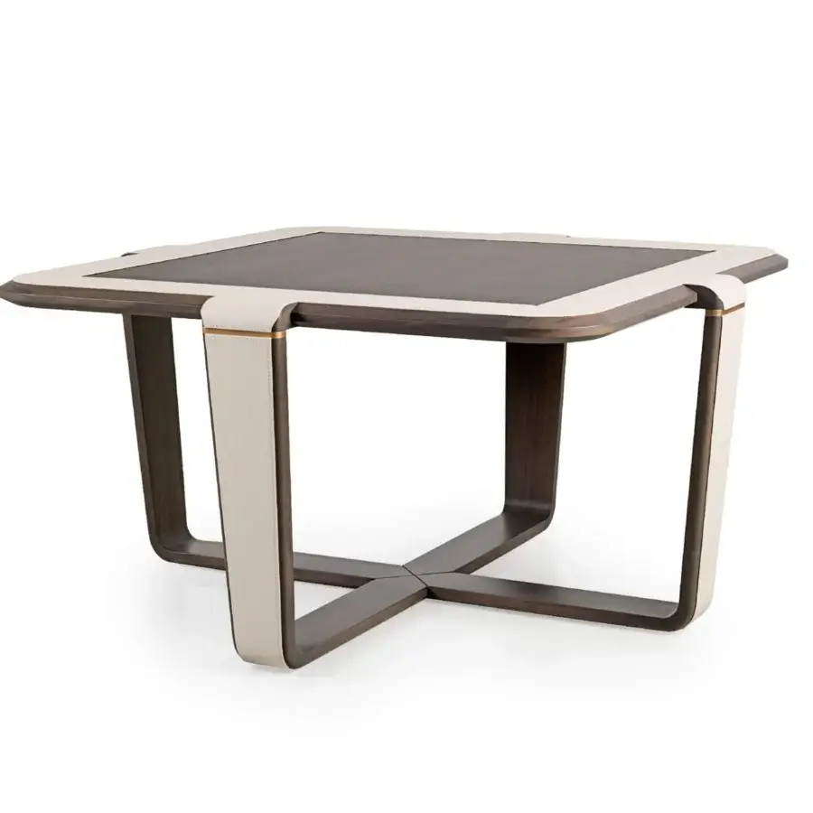 Distinguished Turri Vine coffee table with a dark brown wood top and cream leather inserts within a brushed gold base
