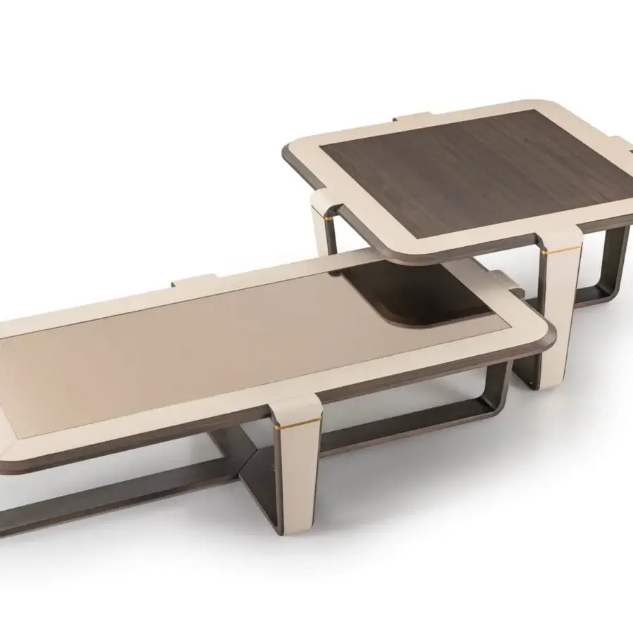 Exceptional Turri Vine coffee table with reflective glass tops and a brushed gold embellished wood base
