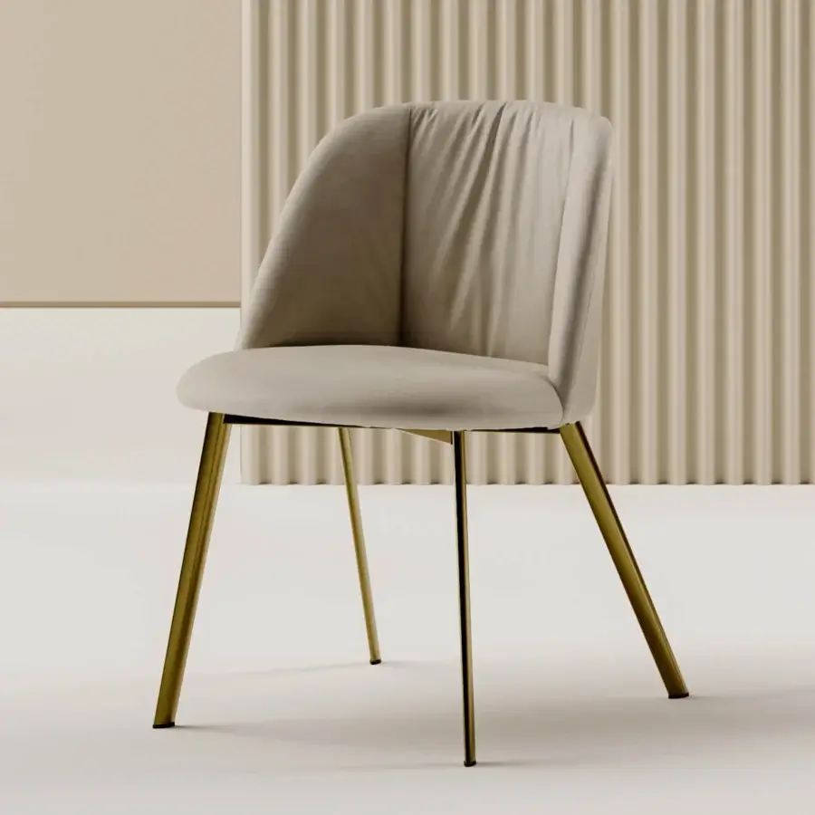 Remarkable Bontempi Agatha chair with light beige upholstery and slender brass-tone metal legs featuring vertical quilting