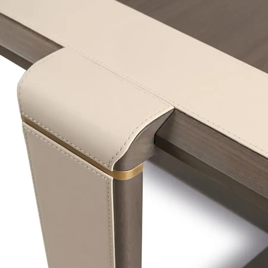 Superior Turri Vine coffee table with dark brown wood, beige leather accents and brushed gold detailing