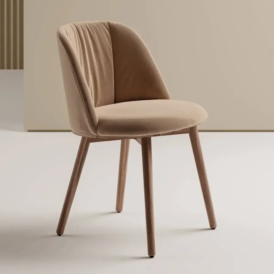 Elegant Bontempi Agatha Wood chair in matte beige textile upholstery with light brown wooden legs and vertical quilting