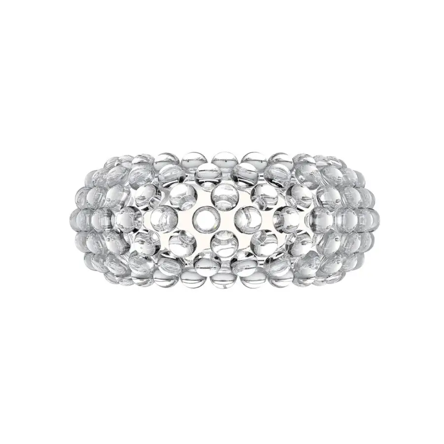 Elegant Foscarini Caboche Plus wall lamp built with clear PMMA spheres affixed to transparent PC arches and an anodized aluminum mount