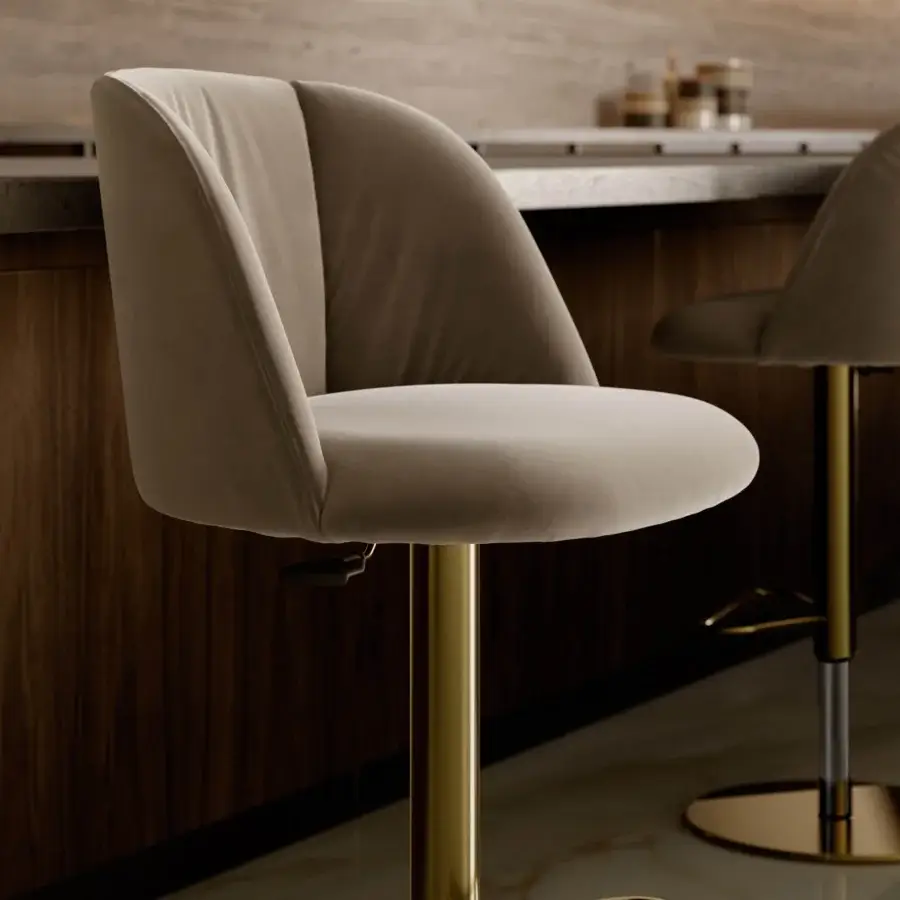 Distinctive Bontempi Agatha stool with light taupe textile cover and chromed steel, exhibiting vertical quilting and a round swivel base