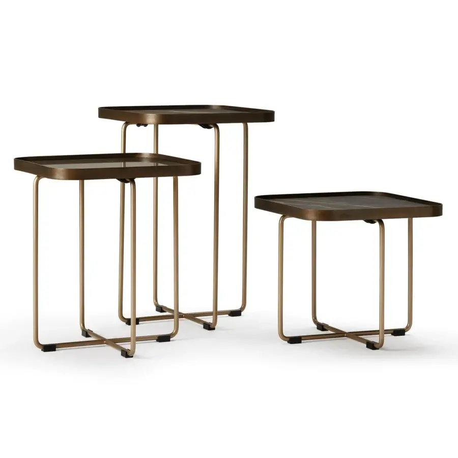 Exceptional Cattelan Italia Benny Keramik side table with square Marmi ceramic and bronze rectilinear metal crafted with stabilizing crossbars and matte finish