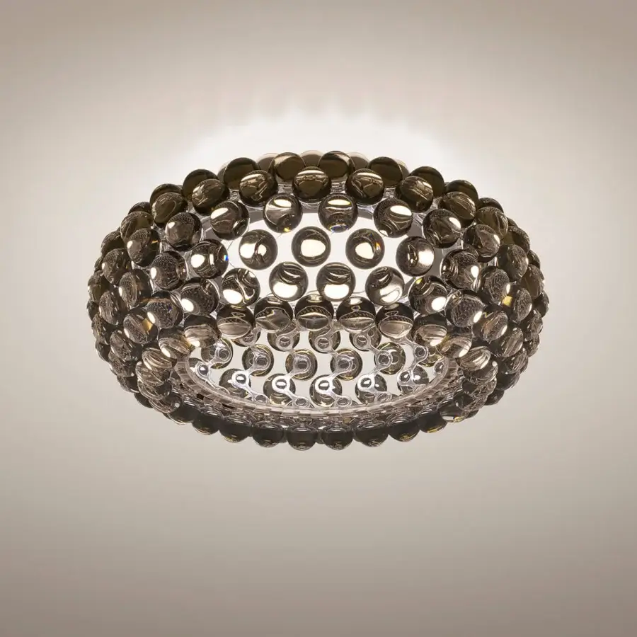 Elegant Foscarini Caboche Plus ceiling lamp with transparent polymethylmethacrylate spheres and smoky gray ambiance crafted in powder-coated steel
