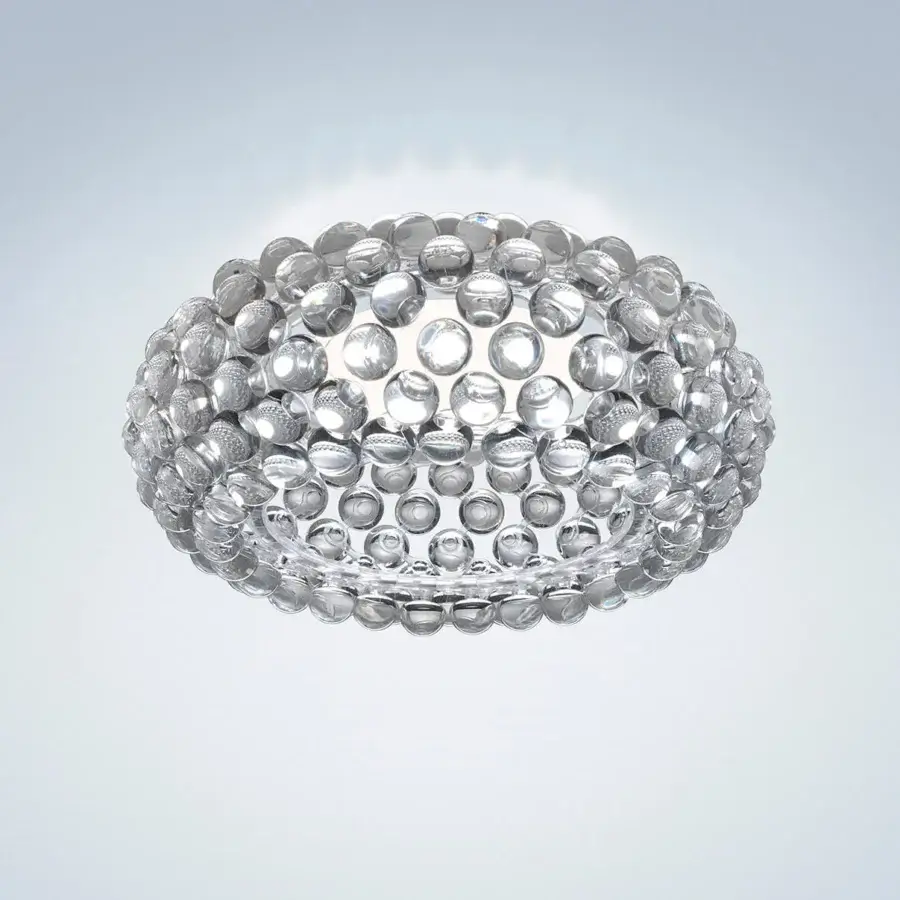Distinguished Foscarini Caboche Plus ceiling lamp crafted in transparent PMMA spheres and powder-coated steel with a satin PMMA diffuser