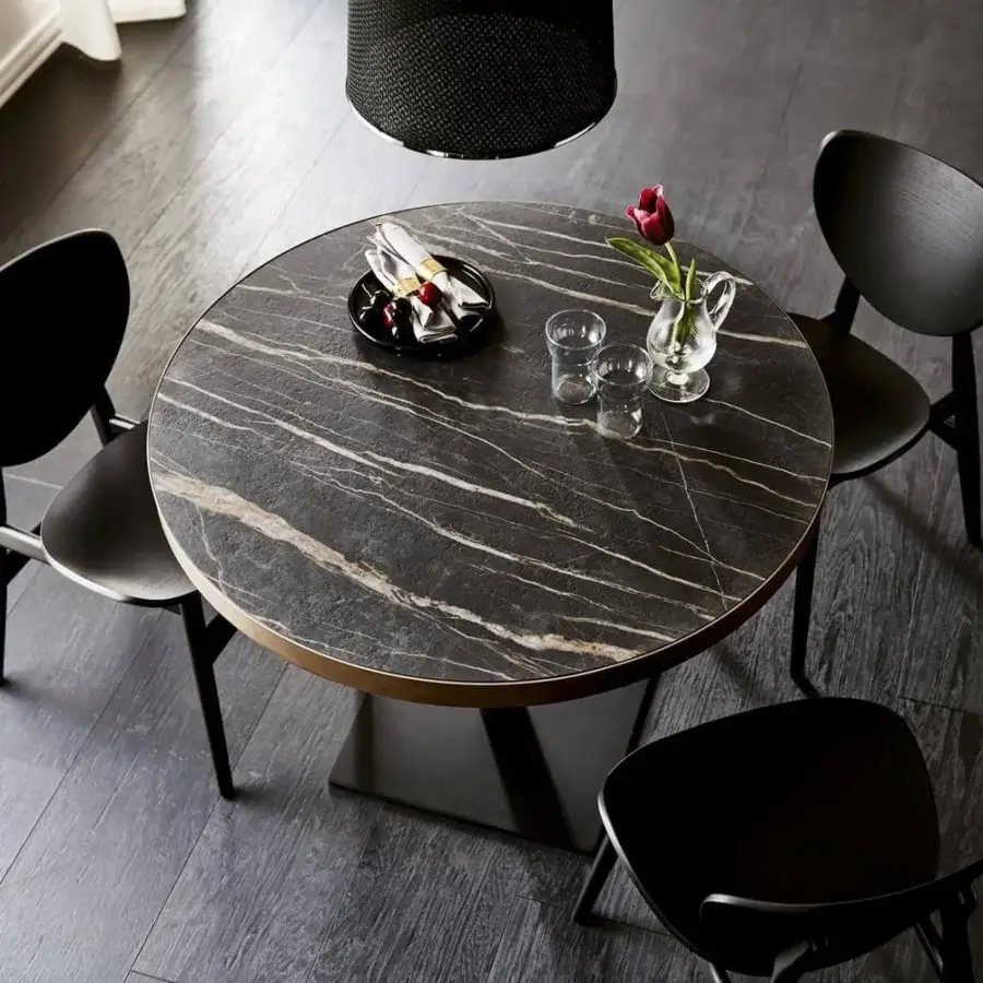 Elegant Cattelan Italia Ribot Keramik table with Marmi Ardesia ceramic top and embossed lacquered steel base
