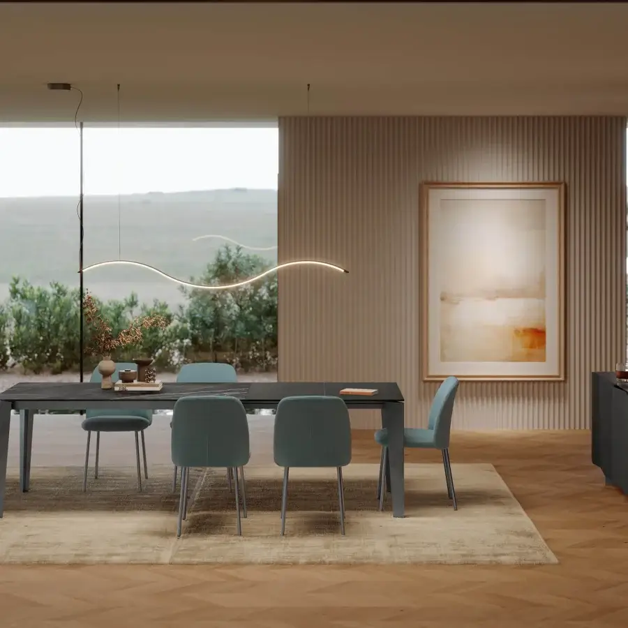 Distinguished Bontempi Vivian chair with padded seat and backrest in muted blue-green textile and lacquered steel legs