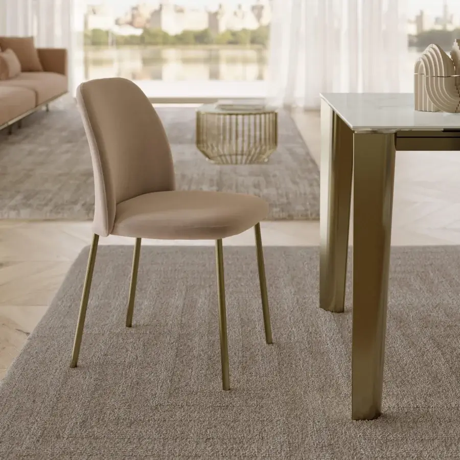 Superior Bontempi Vivian chair with padded seat and backrest in light beige textile and matte lacquered steel legs