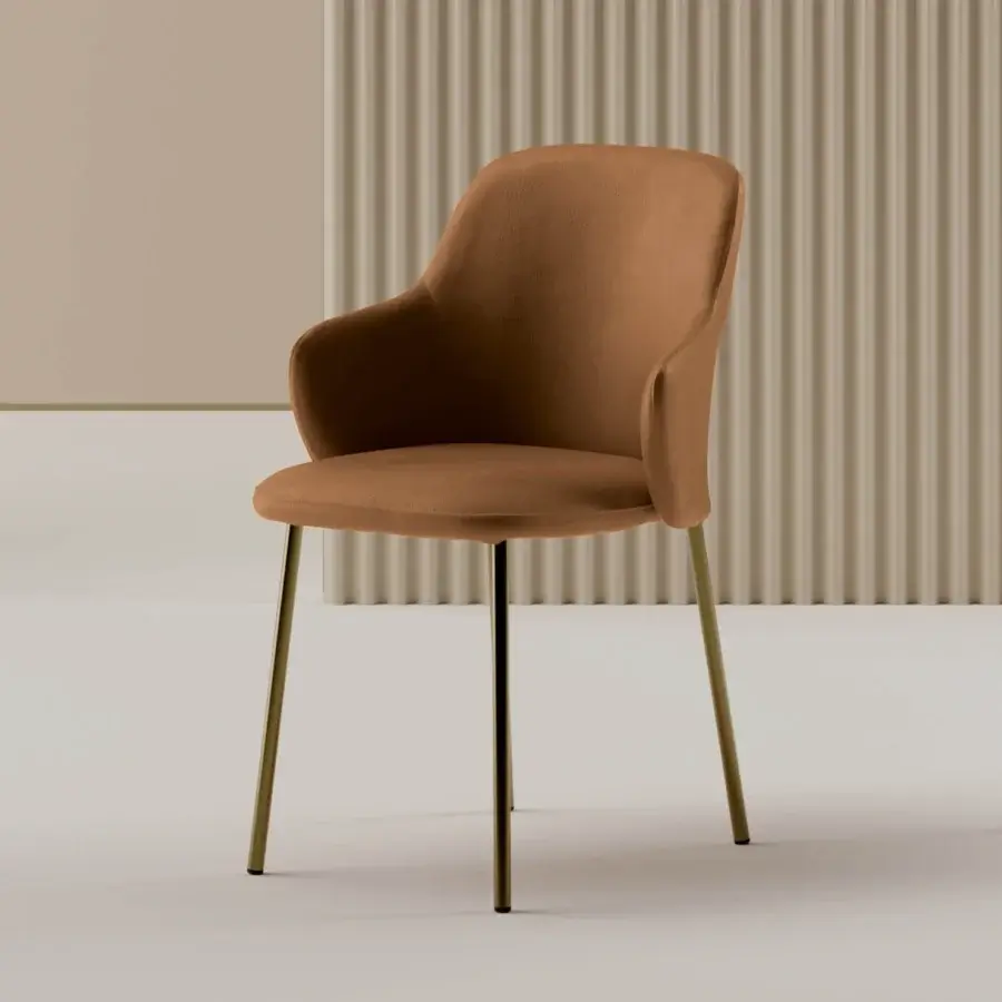 Distinguished Bontempi Vivian armchair with padded seat and backrest in medium brown textile and gold-toned lacquered steel legs
