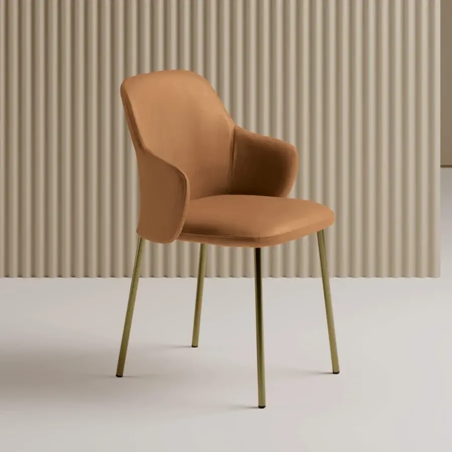 Superior Bontempi Vivian armchair with curved silhouette and warm tan upholstery in matte finish with gold lacquered steel legs