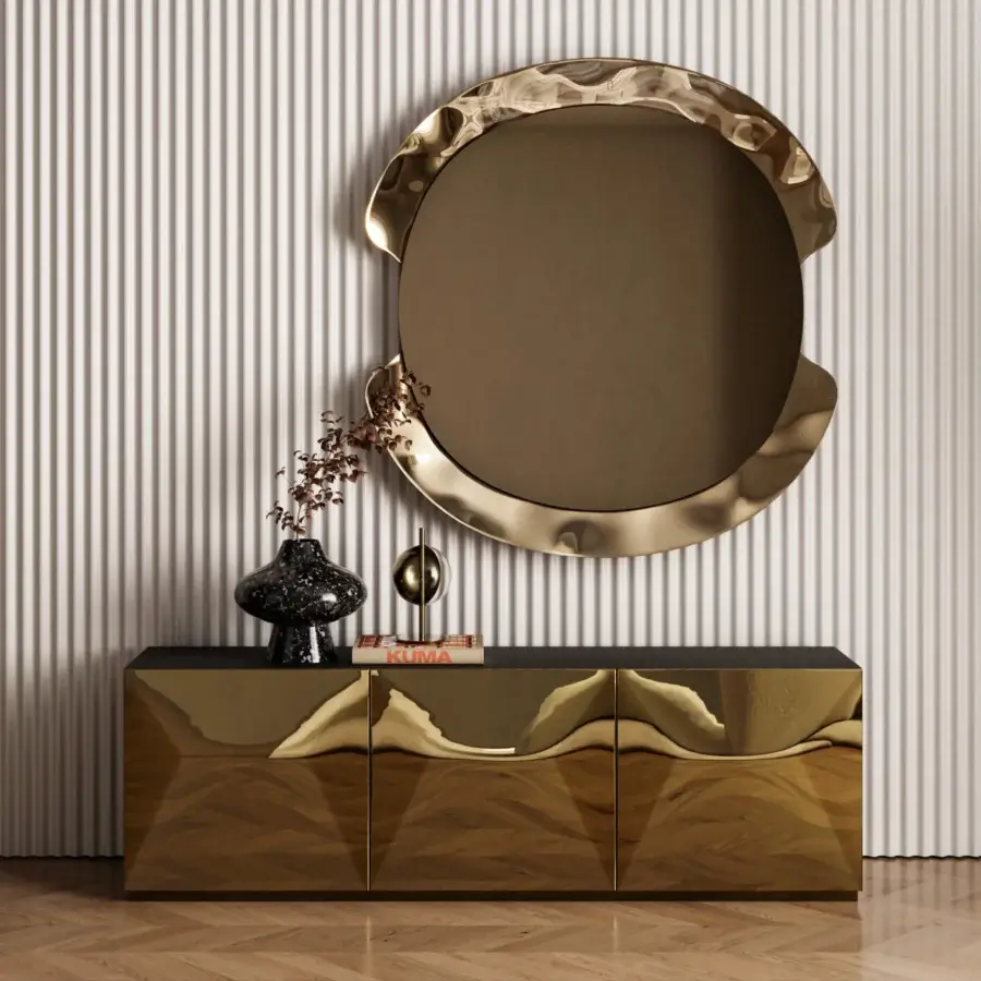 Captivating Bontempi Peak mirror with curved mirrored glass and textured metallic gold frame crafted in Italy