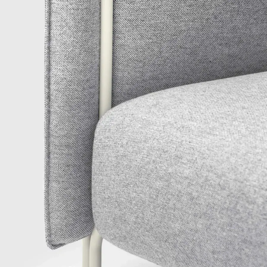 Distinguished LaCividina Pinch lounge chair with light gray woven textile upholstery and slender off-white metal legs