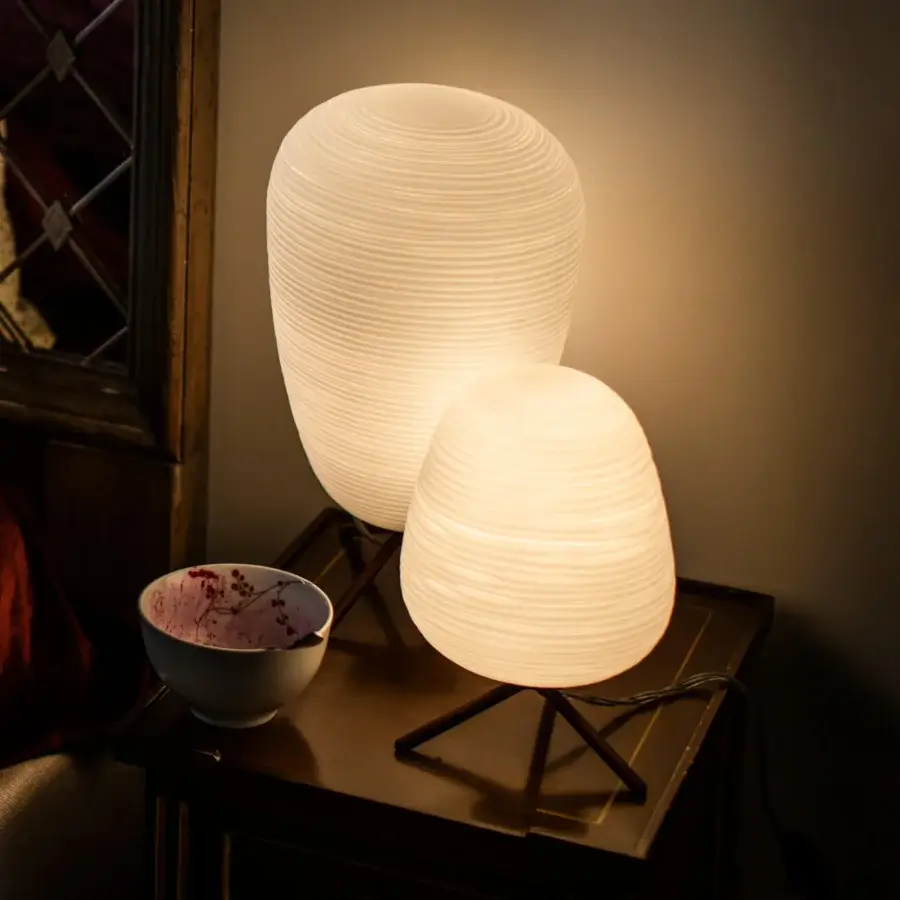 Elegant Foscarini Rituals lamp with textured blown glass in off-white and epoxy powder coated metal base
