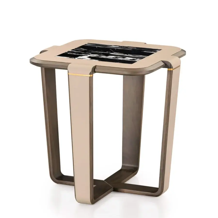 Superior Turri Vine side table with leather top, black and white marble insert, plus brushed gold embellished wooden base