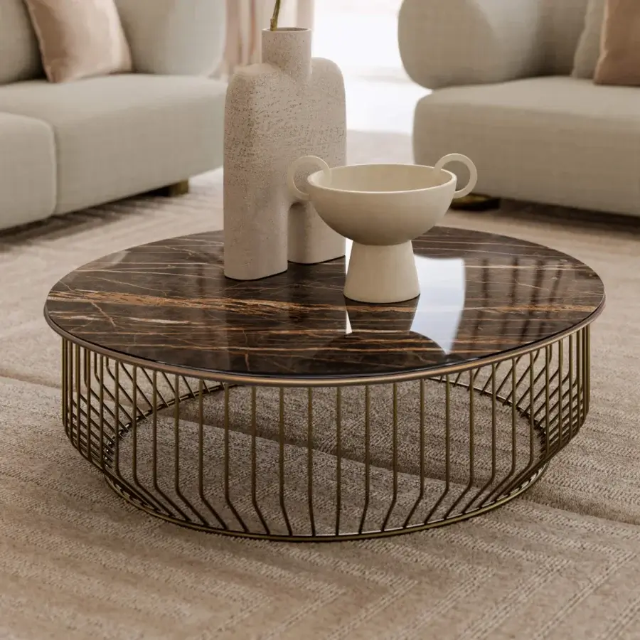 Exclusive Bontempi Circus coffee table with a dark brown and gold marbled SuperMarble top built with gold-finished tubular metal rods