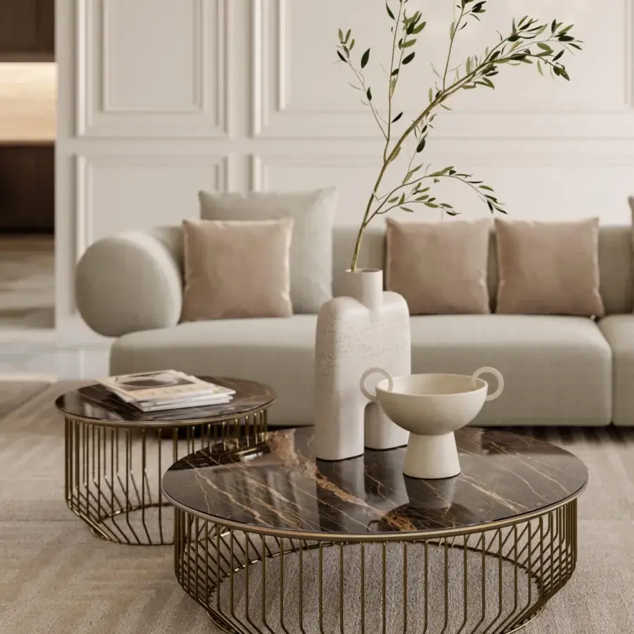 Superior Bontempi Circus coffee table with a glossy dark SuperMarble tabletop and gold tubular metal cage base