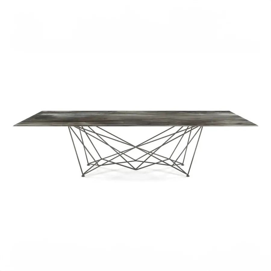 Distinguished Cattelan Italia Gordon CrystalArt table with a rectangular crystal top and intersecting dark metal rods forming a web-like base