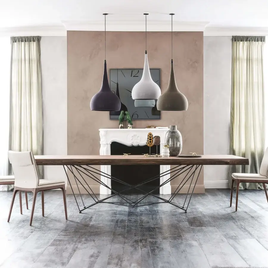 Stunning Cattelan Italia Gordon Deep Wood table with a dark brown wooden top and geometric black metal base crafted with a matte finish
