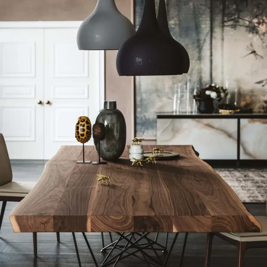 Distinguished Cattelan Italia Gordon Deep Wood table with a dark brown wooden top and open geometric metal base crafted with golden insect figures