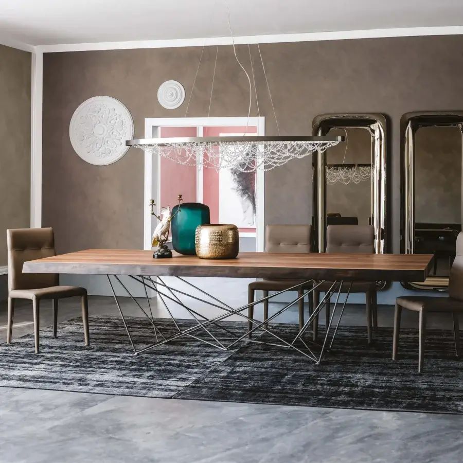 Elegant Cattelan Italia Gordon Deep Wood table with geometric dark metallic base and smooth medium-toned brown wooden top