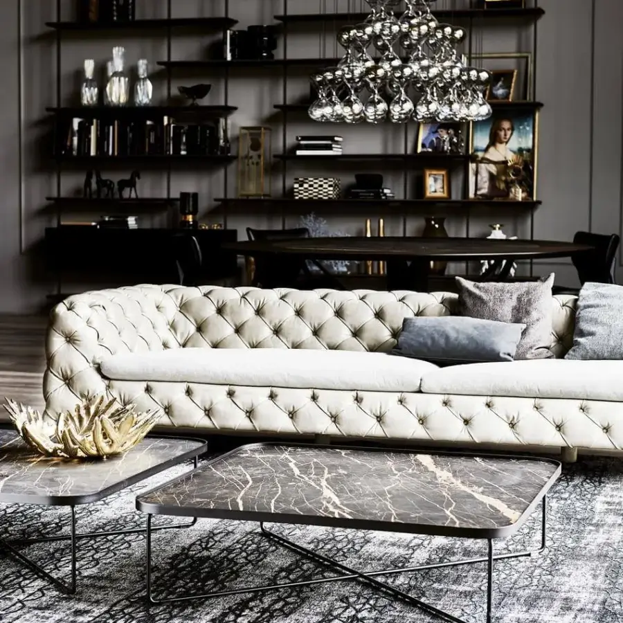 Distinguished Cattelan Italia Benny Keramik coffee table with swirling gray, gold, and white Marmi ceramic and a dark metal X base