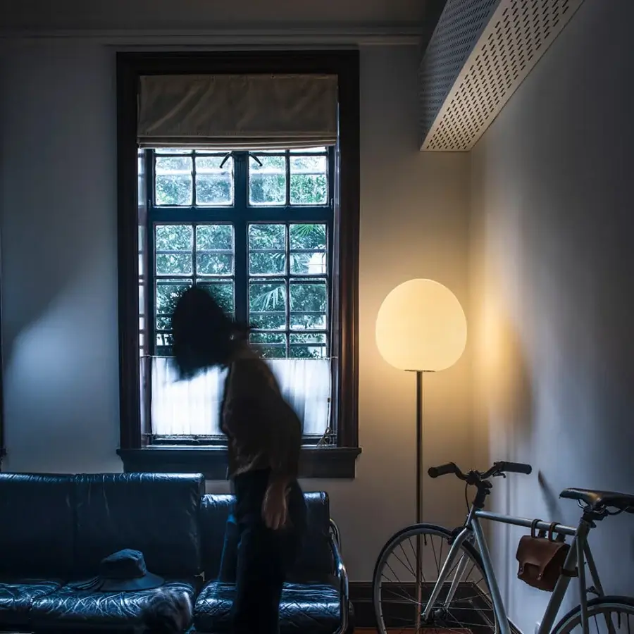 Exceptional Foscarini Rituals floor lamp with striped blown glass diffuser and dark liquid coated metal stand crafted in Italy