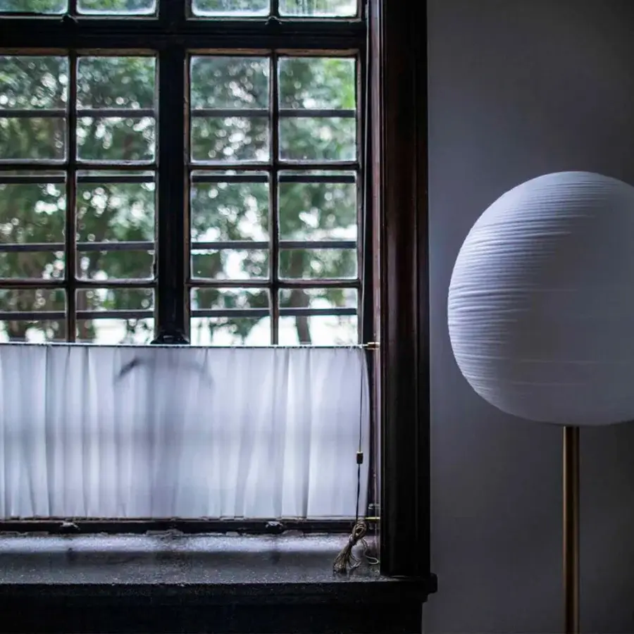 Elegant Foscarini Rituals floor lamp with striped blown glass shade and liquid-coated golden tone metal base