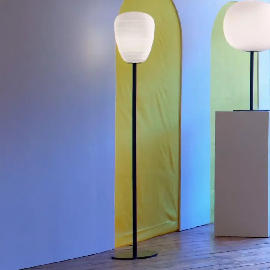 Distinguished Foscarini Rituals floor lamp with a striped blown glass diffuser and liquid-coated metal rod base crafted in Italy