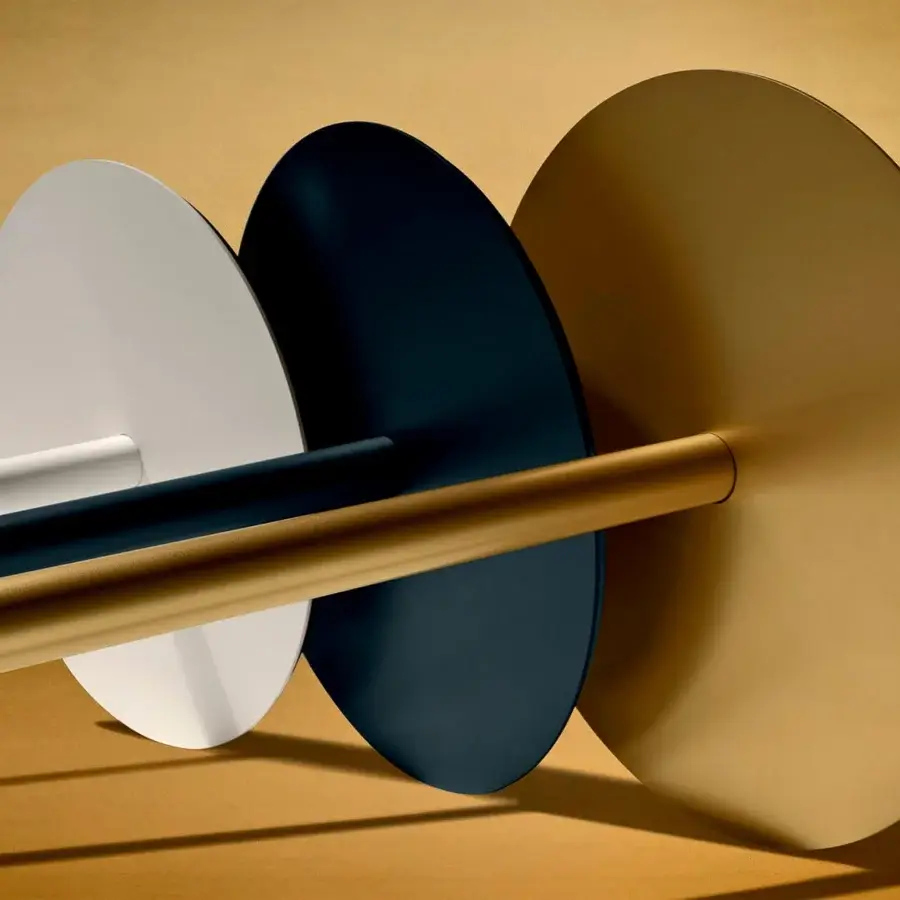 Exceptional Foscarini Rituals floor lamp with white, navy blue, and gold shades plus hand-blown glass and liquid-coated metal ballast