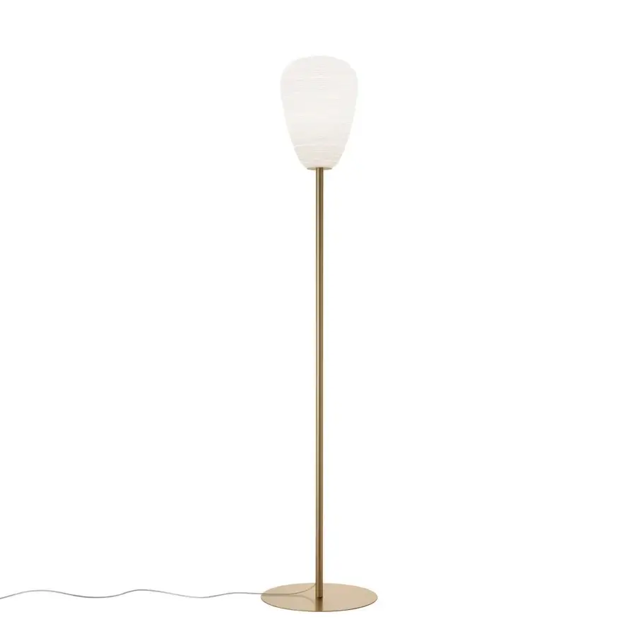 Elegant Foscarini Rituals floor lamp with a striped blown glass shade and liquid coated golden metal base